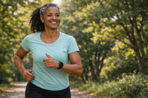 Happy Woman Running in Forest