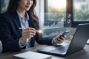 Business Woman Analyzing Graphs on Laptop