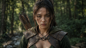 Archer Woman in Forest, Mysterious Look