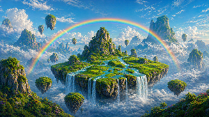 Fantasy Floating Islands with Rainbow Desktop Wallpaper