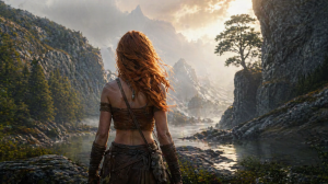 Fantasy Warrior Woman in Mountain Landscape Desktop Wallpaper