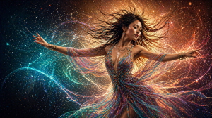 Mystical Woman Dancing in Cosmic Light Desktop Wallpaper