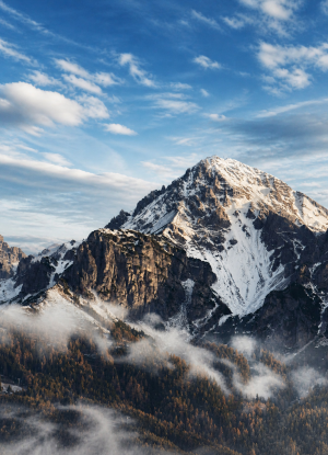 Snow-Capped Mountain Peak Over Misty Forest