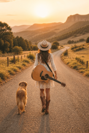 Woman With Dog on Country Road at Sunset
