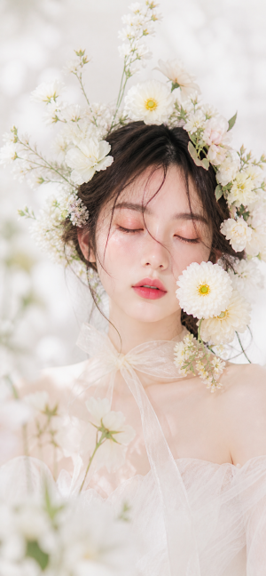 Elegant Asian Girl with Flower Crown Phone Background