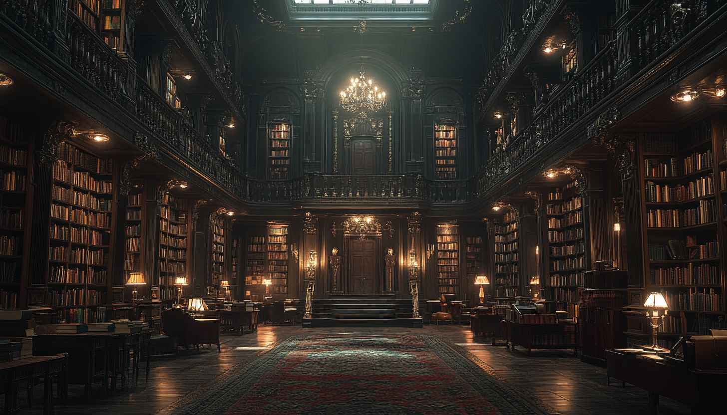 Grand Library Wallpaper: Bookshelf Aesthetic, Dark Academia, Study Room Decor
