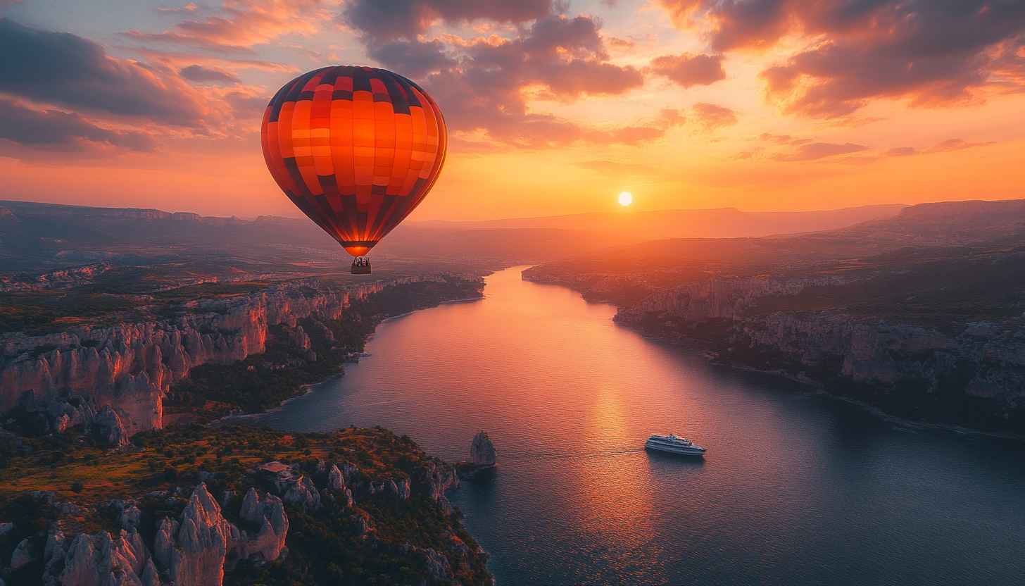 Hot Air Balloon Wallpaper: Sunset Landscape, Nature, Travel, River