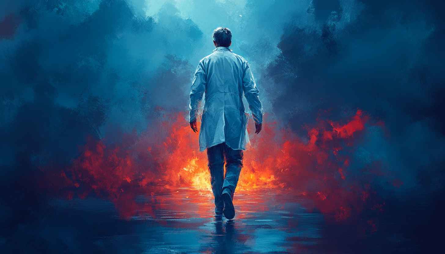 Heroic Doctor Wallpaper: Fiery Background Medical Professional 4K Wallpaper