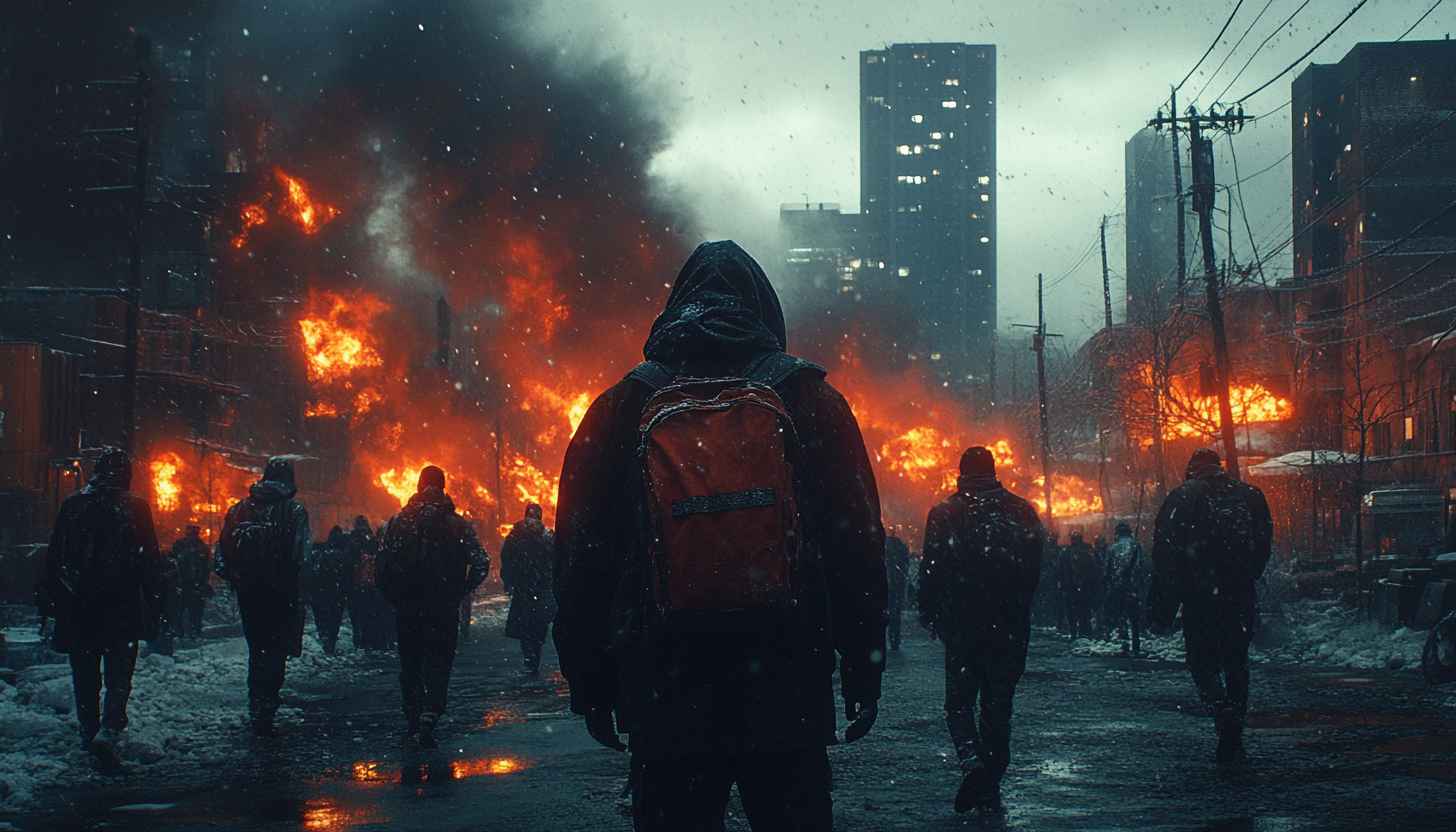Apocalyptic City Wallpaper: Disaster, Ruins, Fire, People, Urban, Destruction