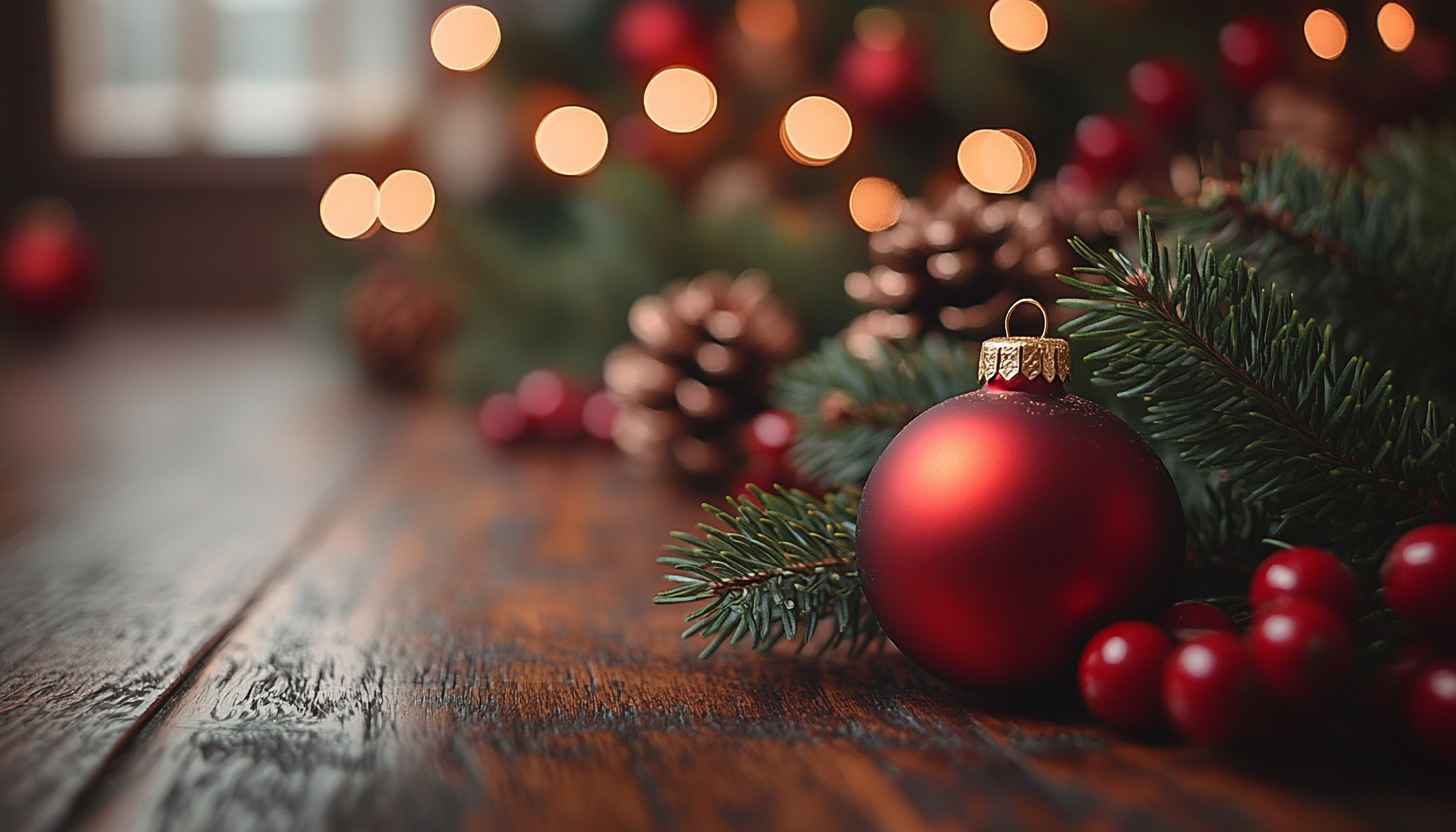 Christmas Wallpaper: Festive Red Ornament, Evergreen, Lights for Desktop