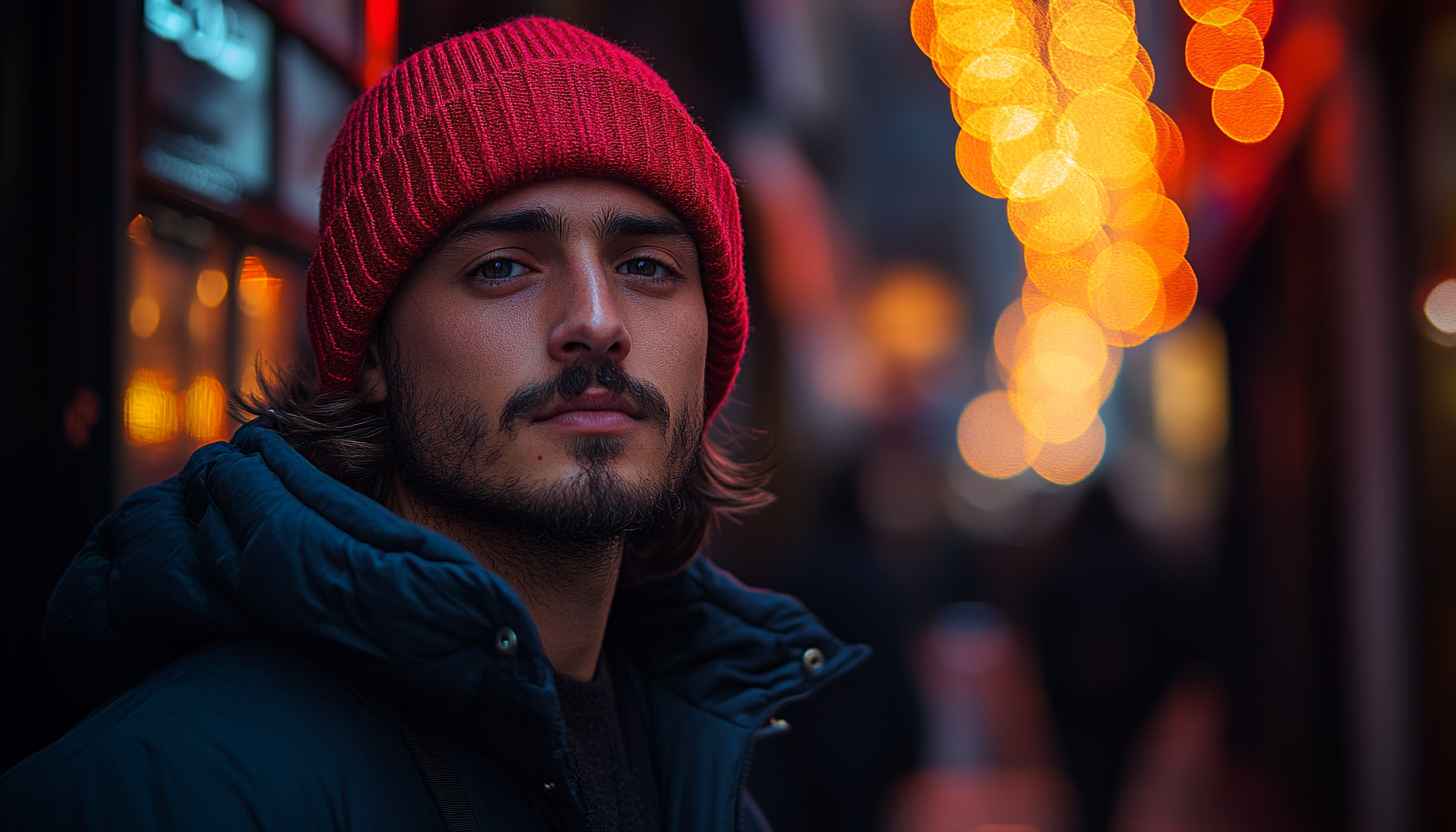 Beanie Man Wallpaper: Winter Fashion, Portrait & City Lights