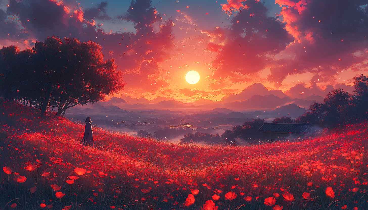 Red Flower Field Anime Landscape 4K Wallpaper Desktop Background