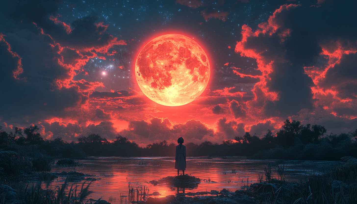 Red Moon Night Sky Landscape 4K Desktop Mobile Wallpaper