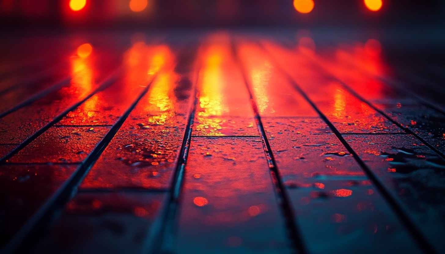 Abstract Red Lights Wet Wooden Surface 4K Desktop Wallpaper