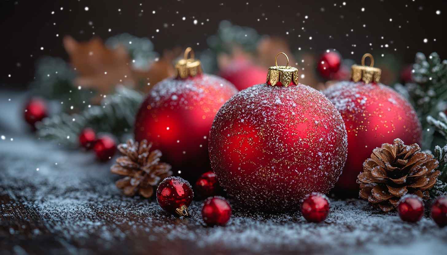 Festive Red Christmas Balls Desktop Background Holiday Season Wallpaper