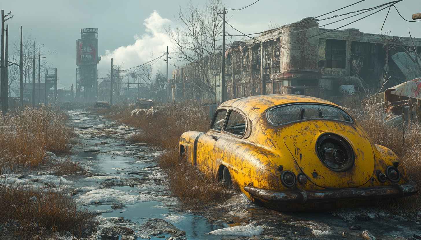 Fallout Wasteland Yellow Car 4K Desktop Background Free Mobile Wallpaper
