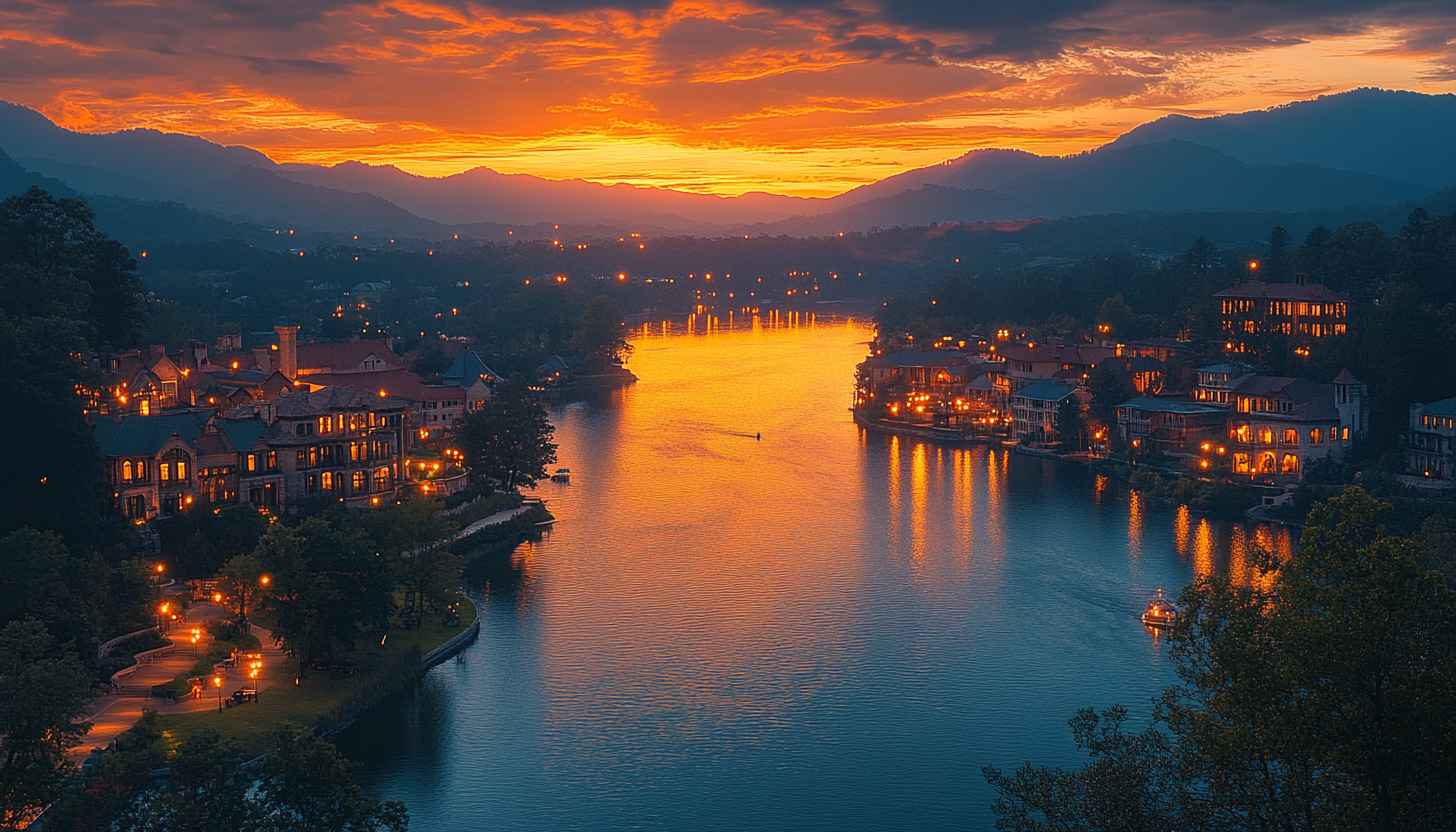 Sunset Cityscape River 4K Wallpaper, City Lights Desktop Background