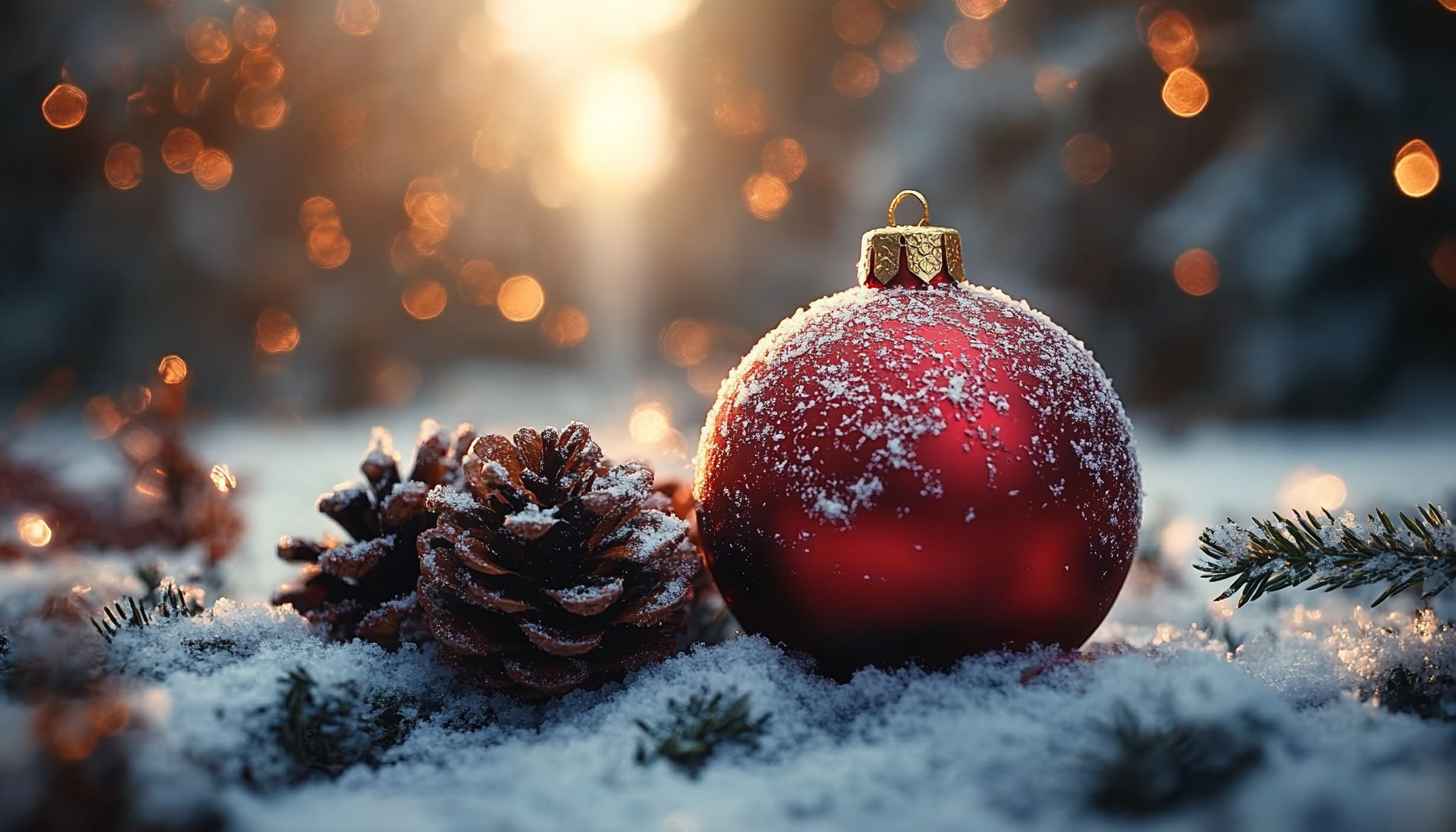 Festive Christmas Ornament Snow 4K Desktop Background Winter Holiday Wallpaper