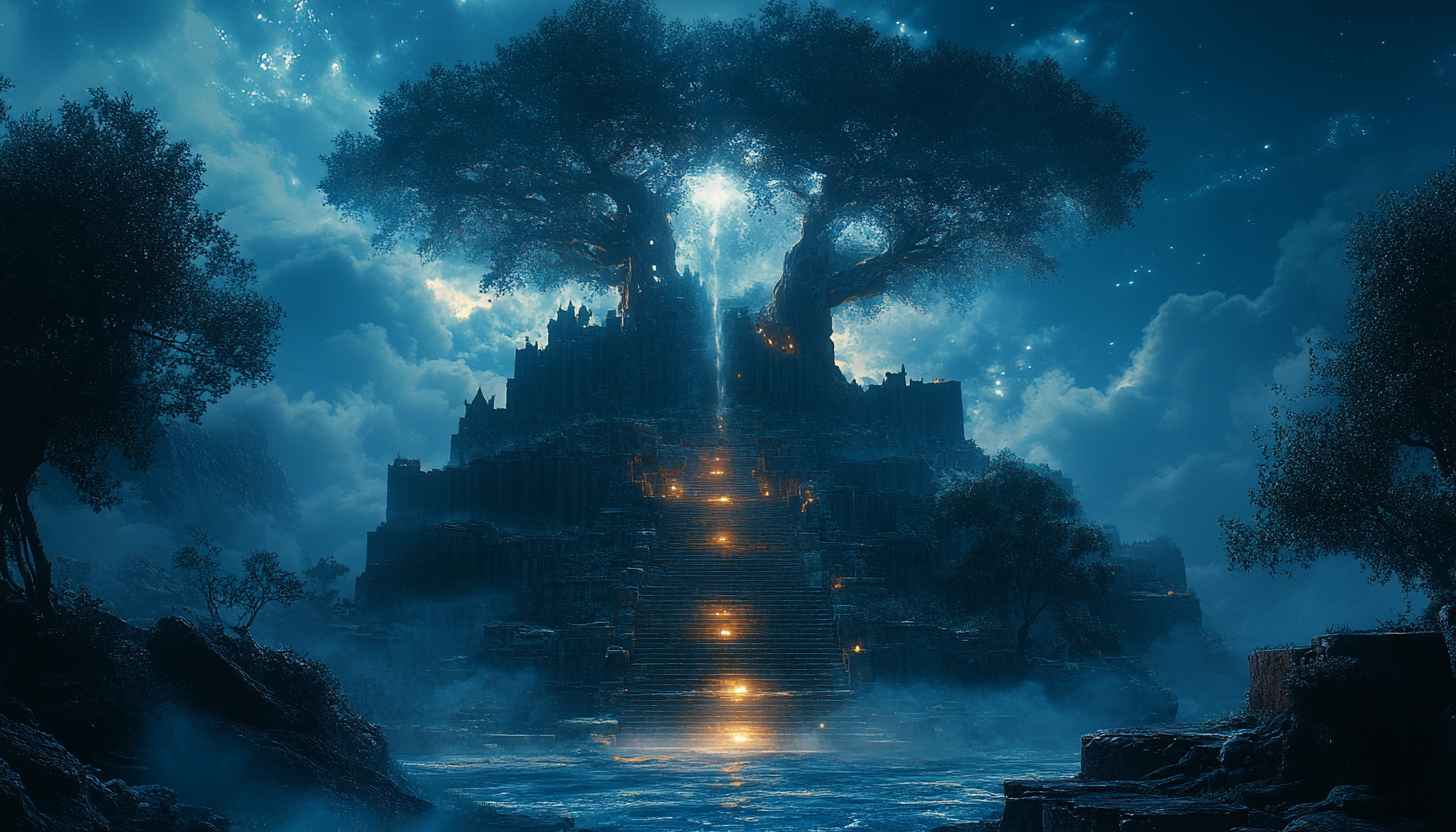 Fantasy Castle Under Tree 4K Desktop Wallpaper Free Mobile Background