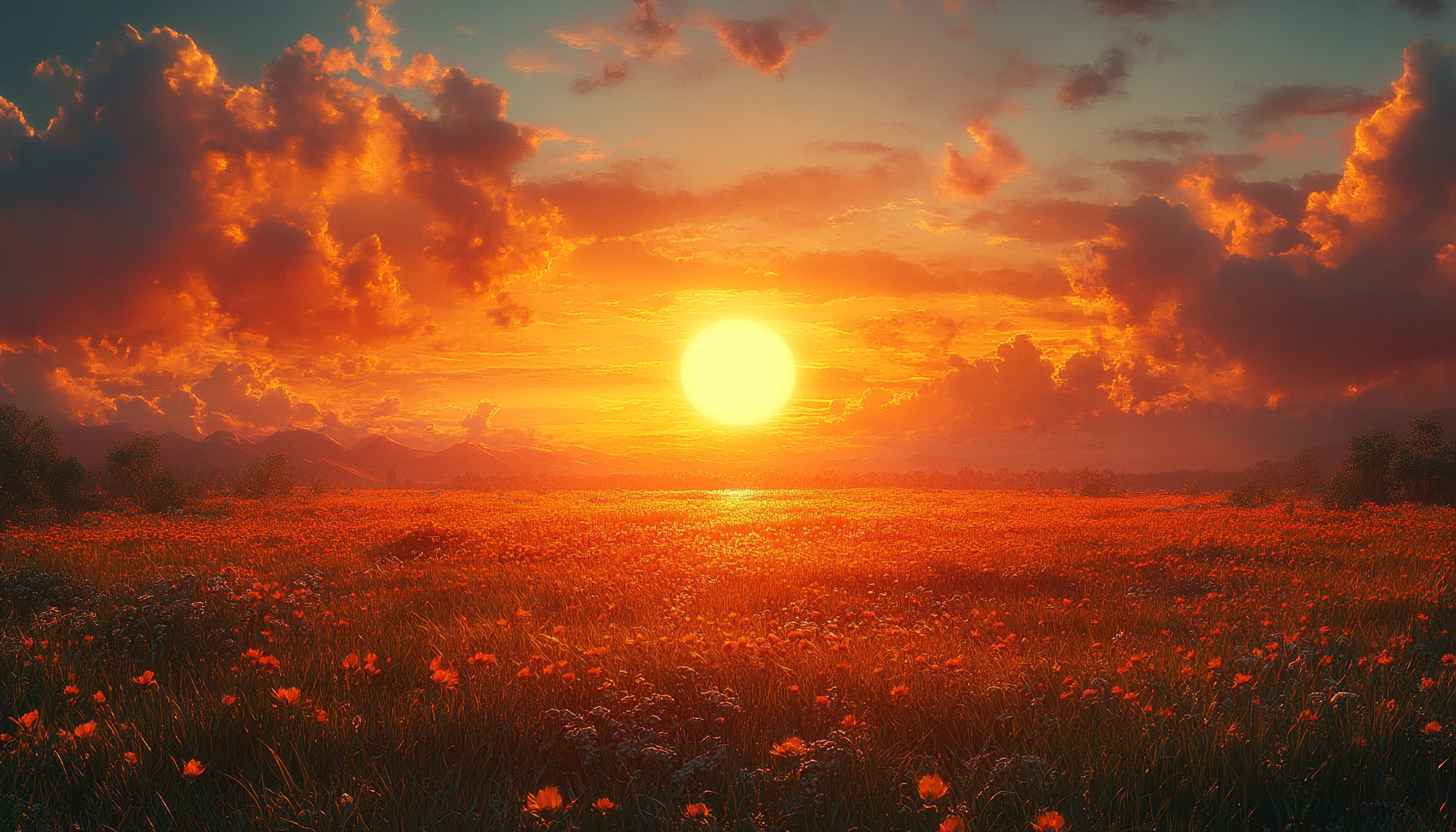 Fiery Sunset Orange Meadow Field Landscape Mobile Background Wallpaper