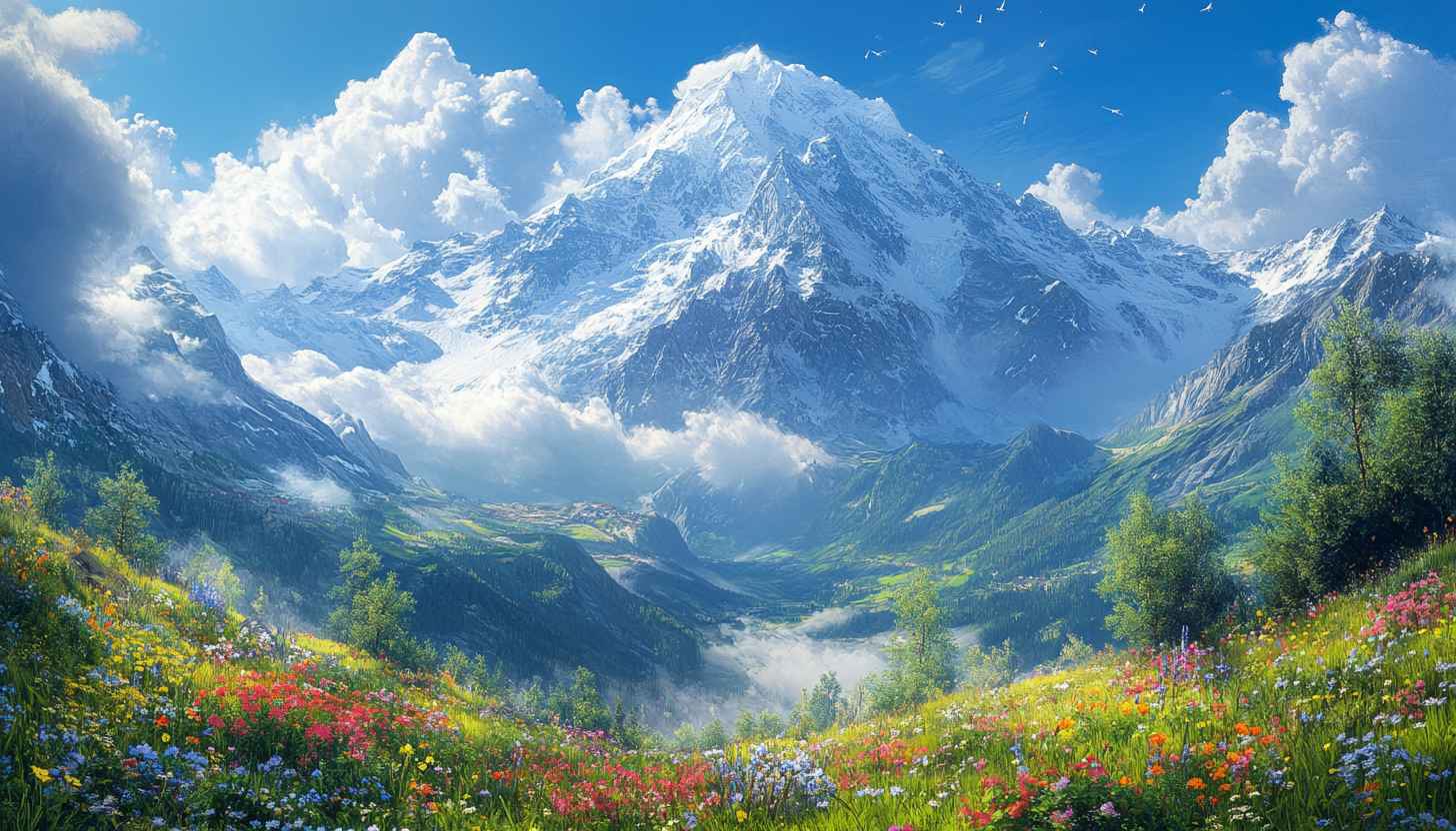 Majestic Snow Mountain Meadow 4K Desktop Background Landscape Wallpaper