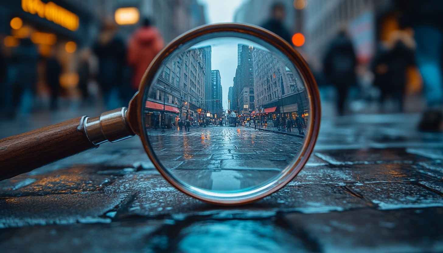 Rainy City Street Magnifying Glass View 4K Mobile Wallpaper