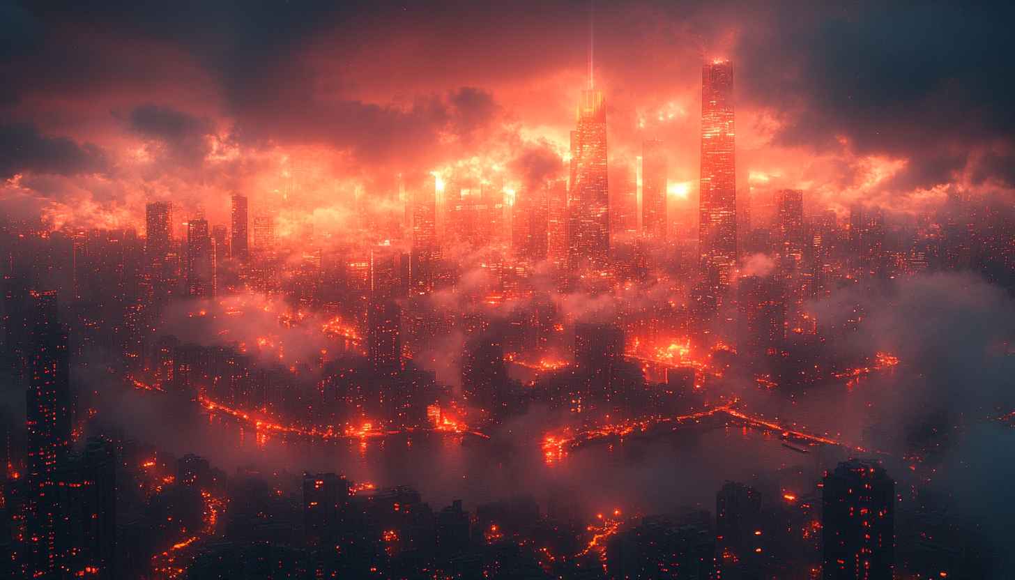 Burning Cityscape 4K Wallpaper - Fiery Red City Mobile Background