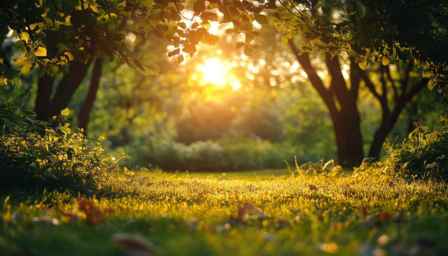 Golden Hour Sunlight Streaming Through Forest Landscape Desktop Wallpaper Free