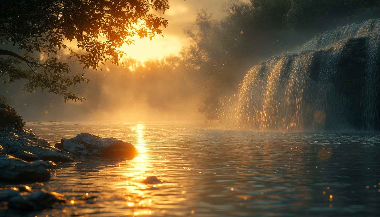 Golden Waterfall River Scenery 4K Desktop Wallpaper Free