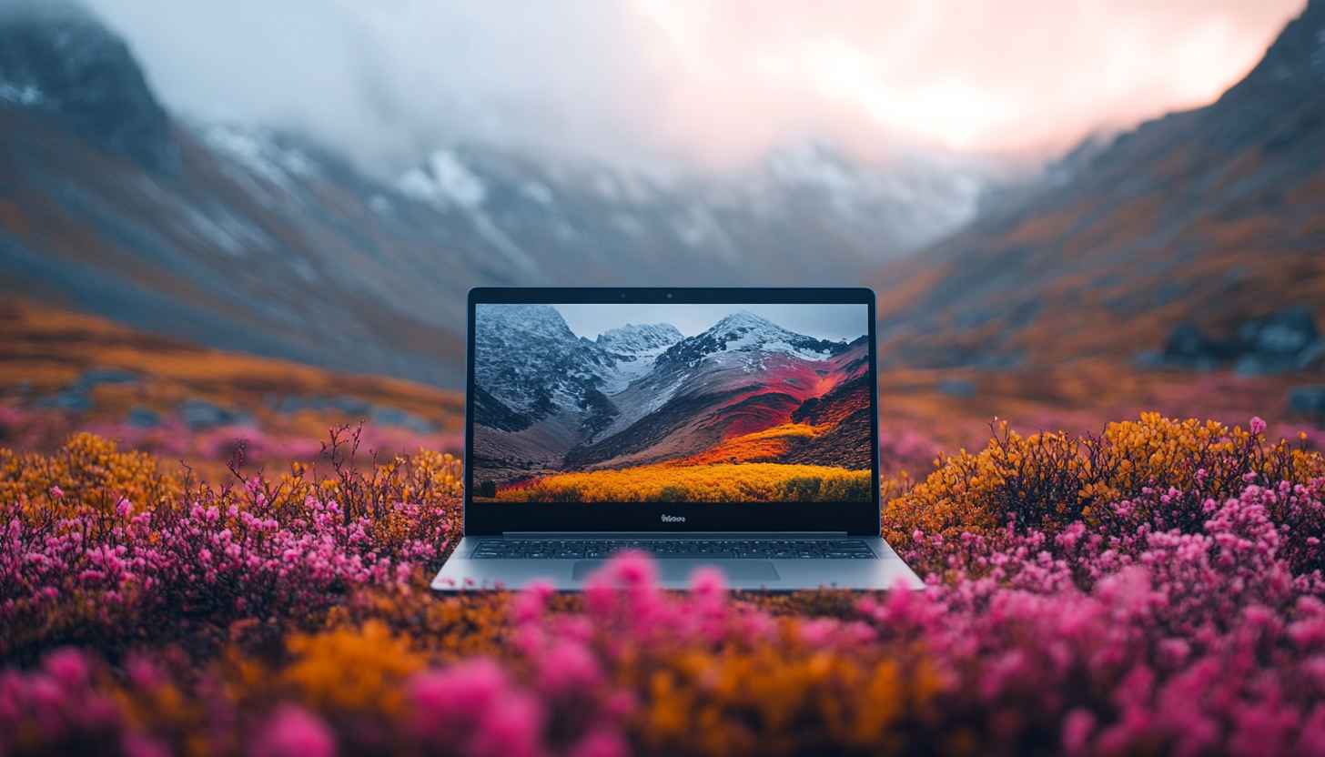 Laptop in Mountain Meadow Free 4K Desktop Background Wallpaper