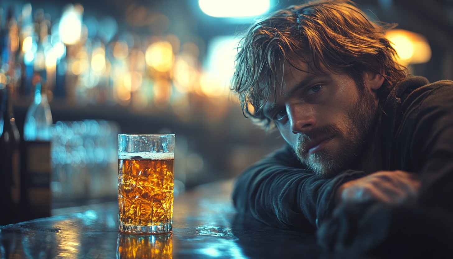 Brooding Man at Bar with Beer 4K Desktop Wallpaper