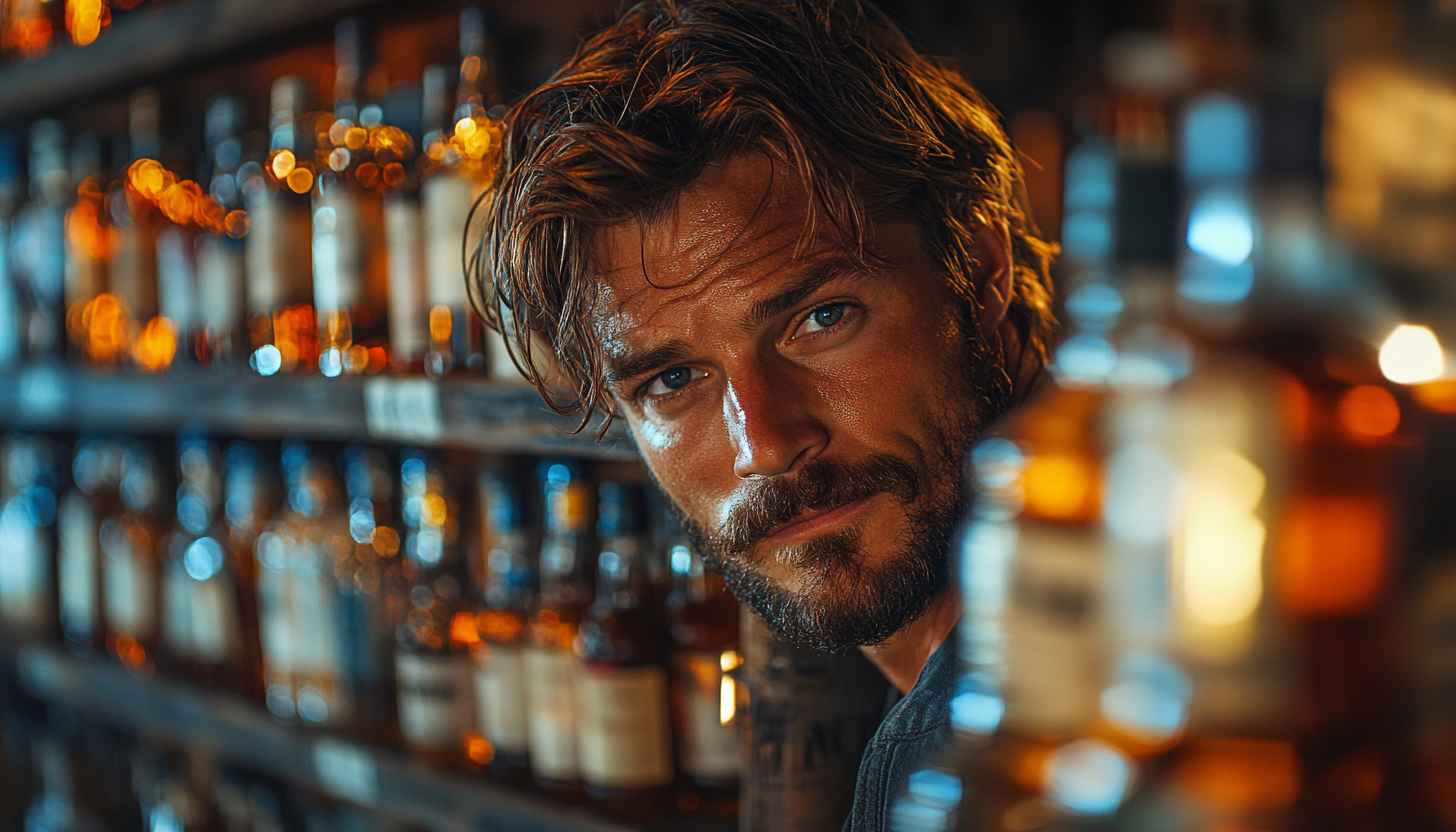 Attractive Man in Bar Mobile Wallpaper, Whiskey Background, Bearded Model