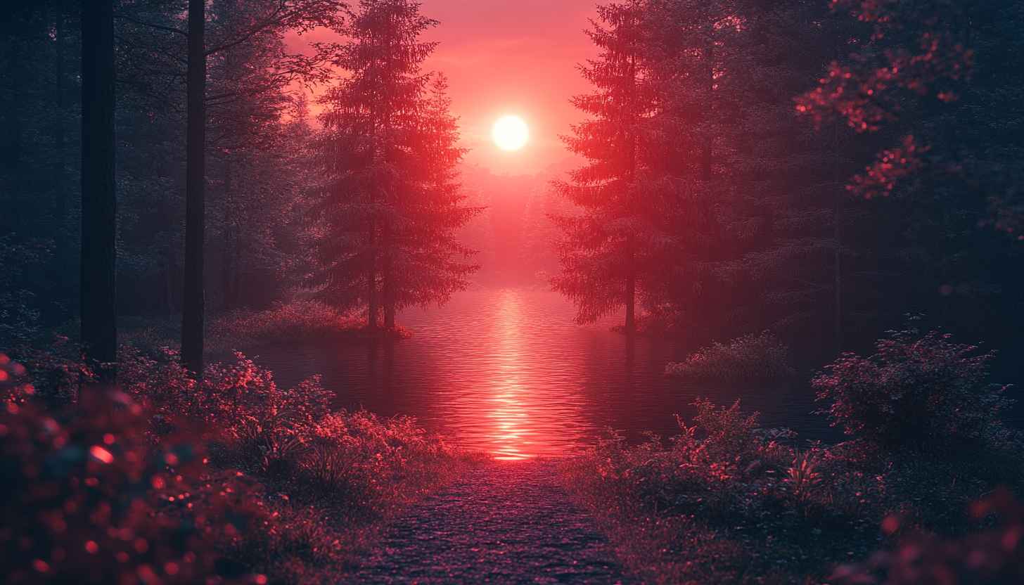 Crimson Sunset Forest Lake 4K Desktop Wallpaper, Mobile Background