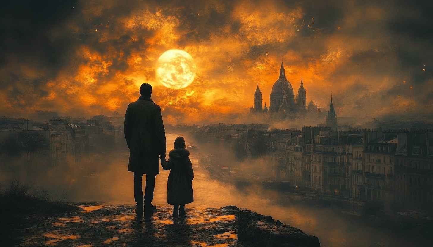 Fantasy Cityscape Wallpaper with Moon and Family for Desktop