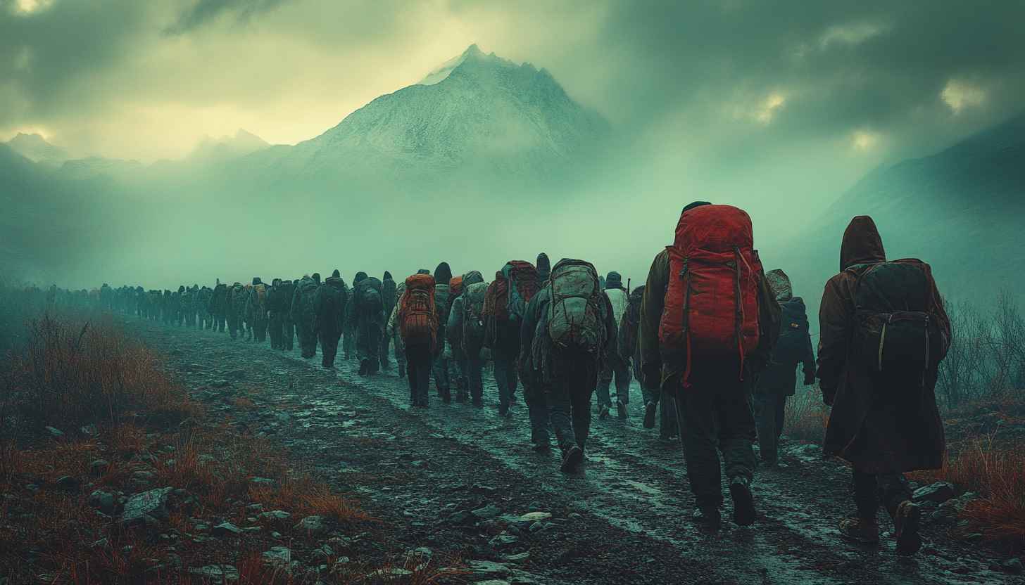 Mountain Hike Pilgrimage Mobile Wallpaper, Foggy Adventure Background