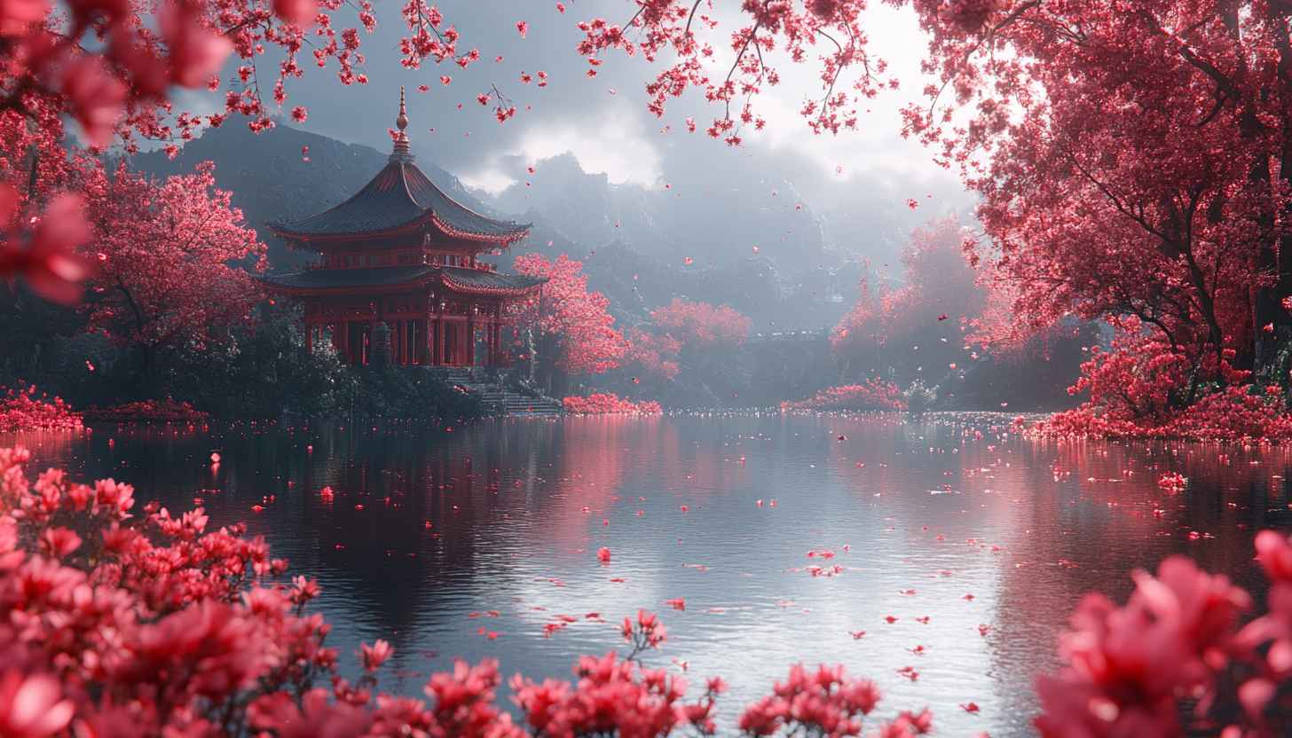 Japanese Cherry Blossom Lake 4K Desktop Background Mobile Wallpaper