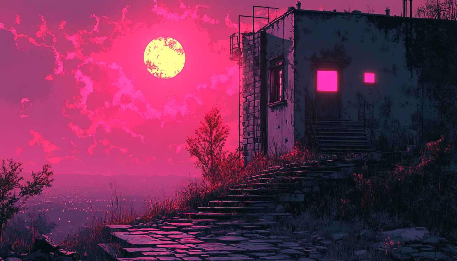 Pink Sky Building Wallpaper, Retro Neon 4K Desktop Background Aesthetic