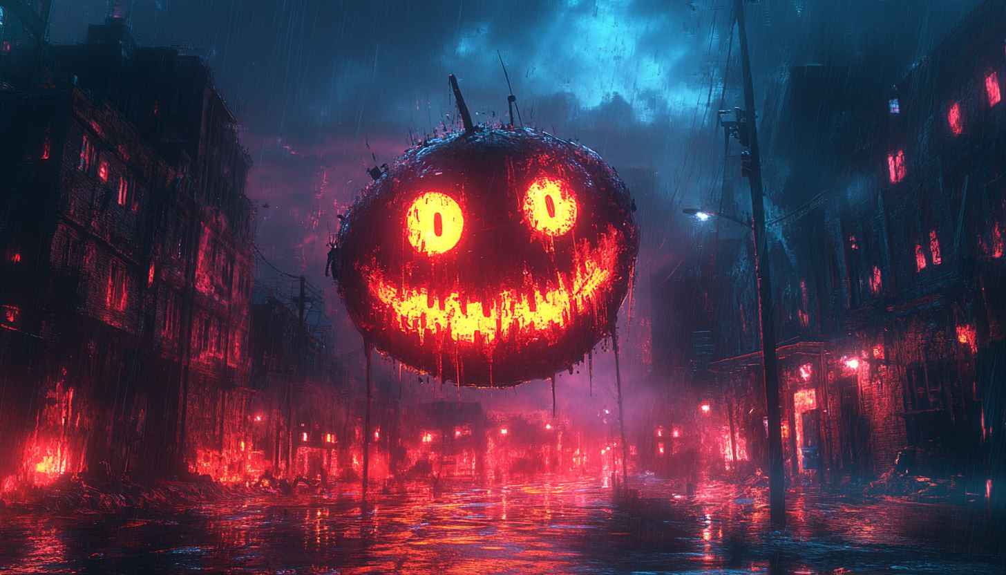 Scary Halloween Face Glowing Red City 4K Desktop Wallpaper