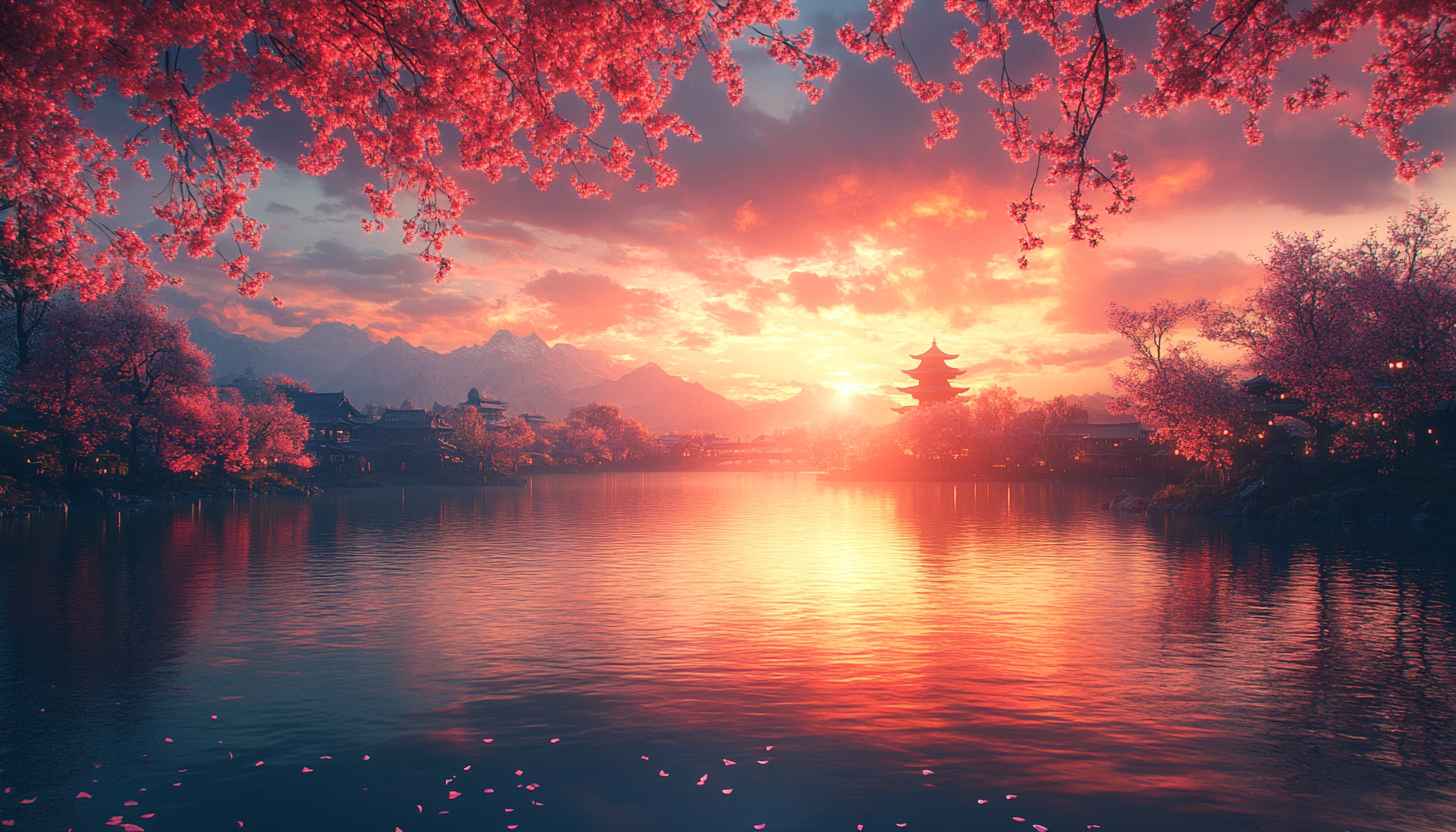 Japanese Cherry Blossom Sunset Lake 4K Desktop Background Wallpaper