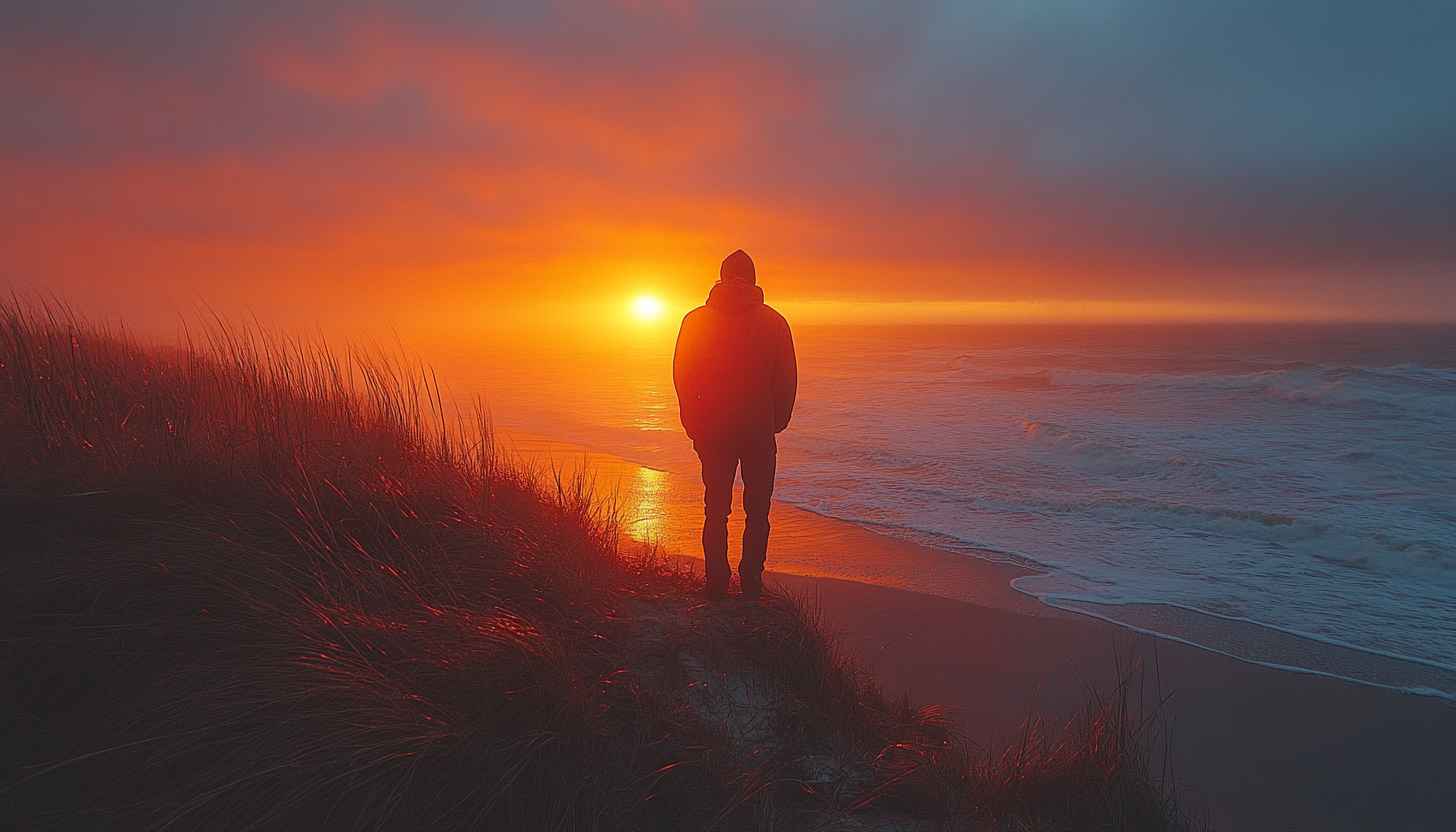 Man Silhouette at Sunset Beach Mobile Wallpaper Free Download