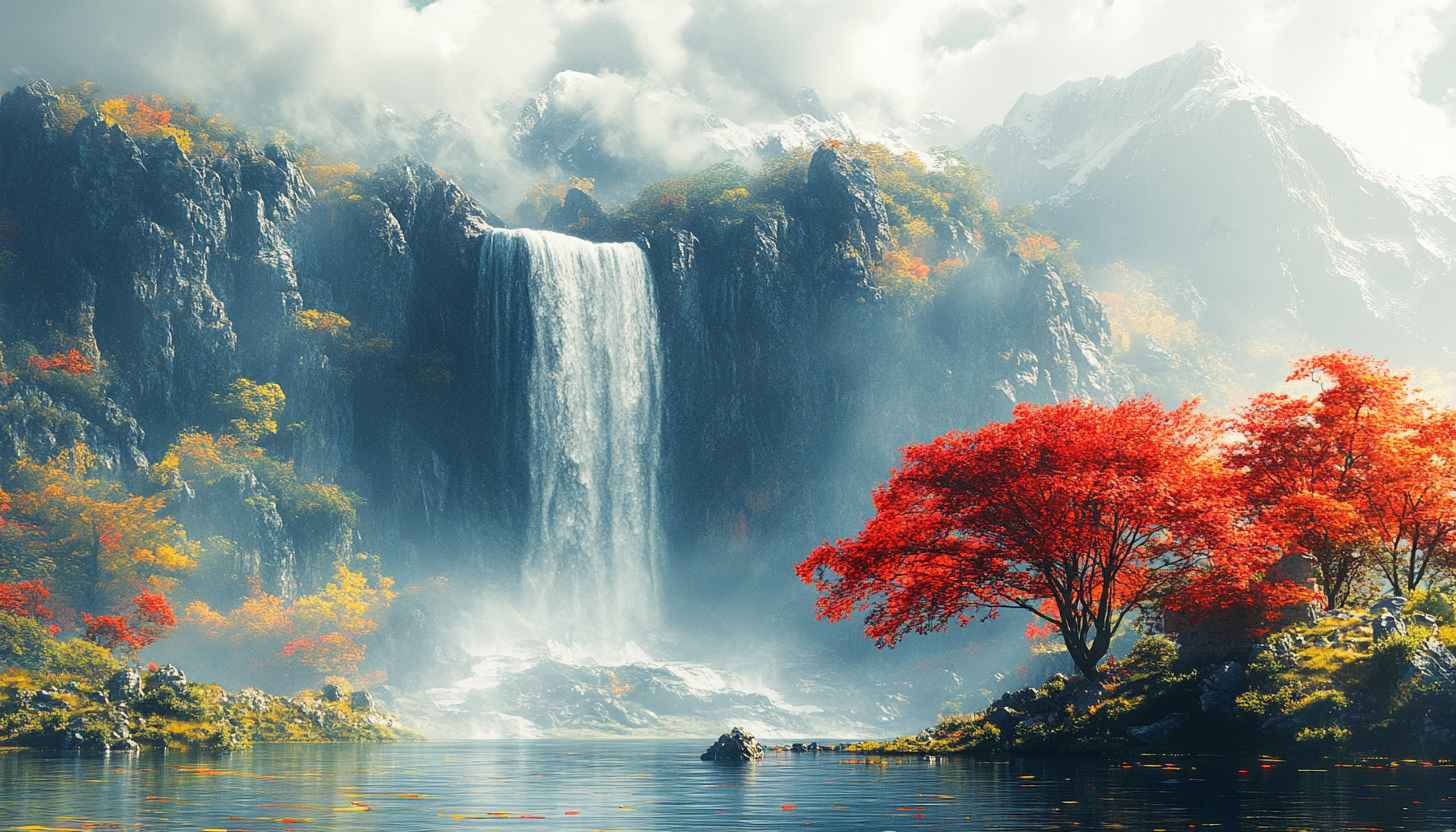 Autumn Waterfall Scenery 4K Desktop Background Mobile Phone Wallpaper