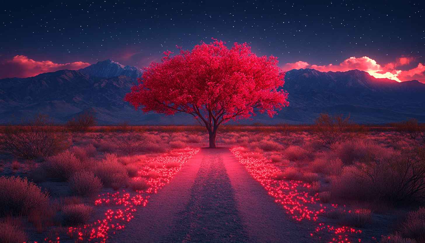 Vibrant Red Tree Landscape 4K Desktop Background Nature Wallpaper