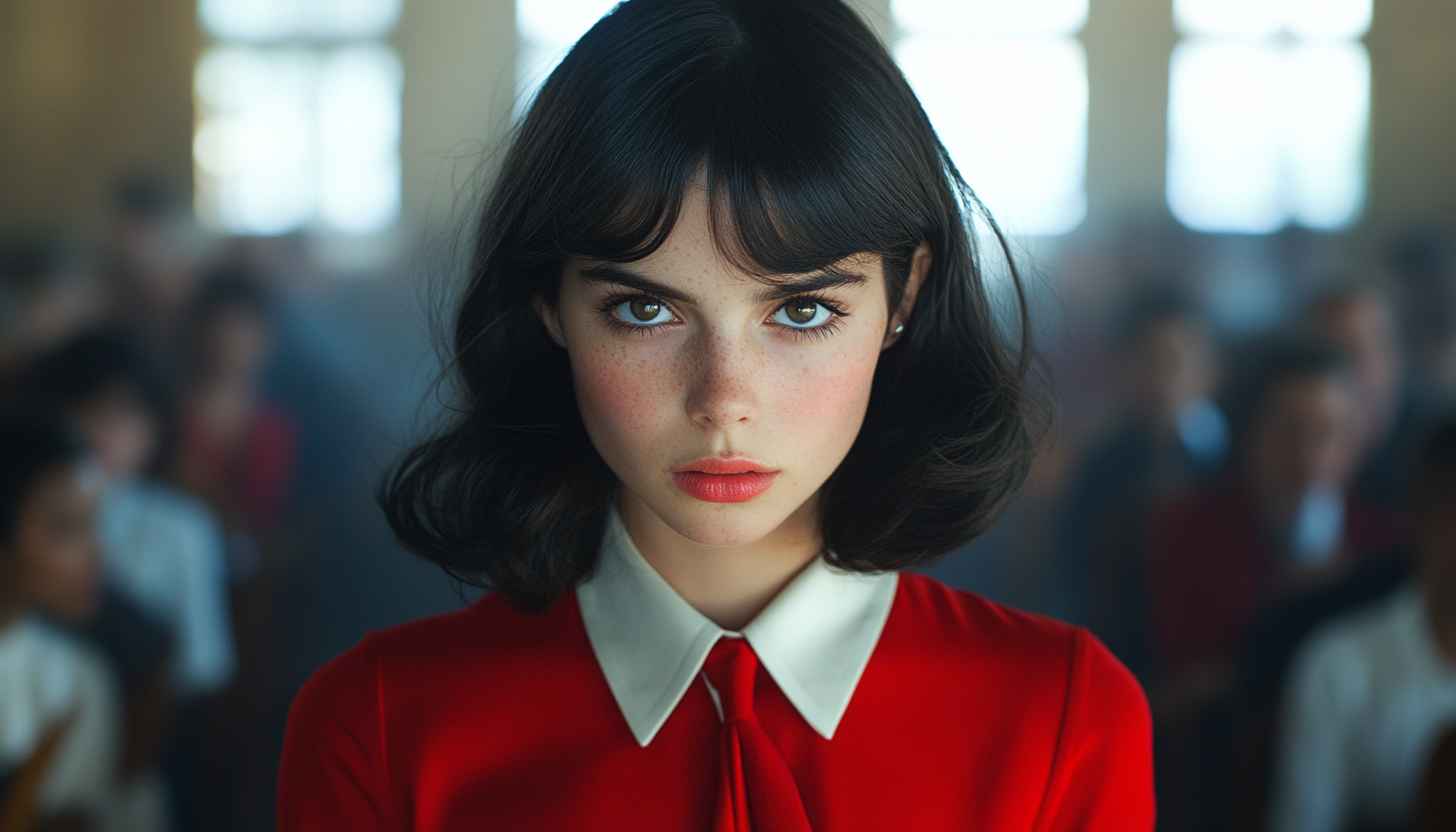 Elegant Portrait Wallpaper: Freckled Brunette, Red Dress, White Collar Style