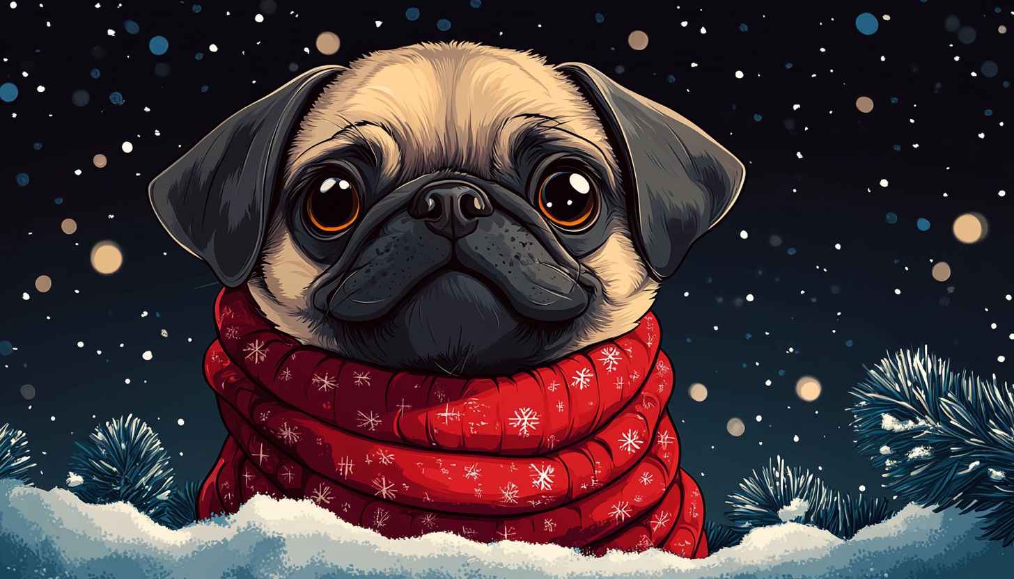 Cute Pug Winter Wallpaper - Festive Mobile Background - Snow Scarf