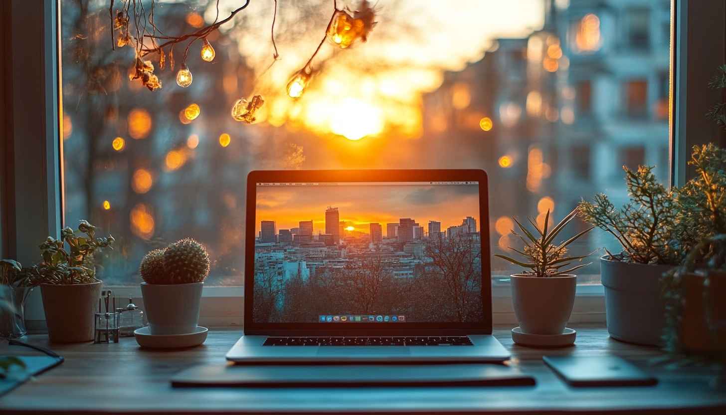 Sunset Cityscape on Laptop Screen Desktop Background Free Wallpaper