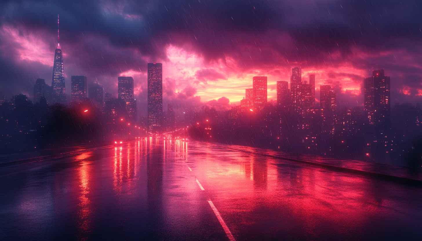 Raining Cityscape Wallpaper, Pink Sky, Urban Desktop Background