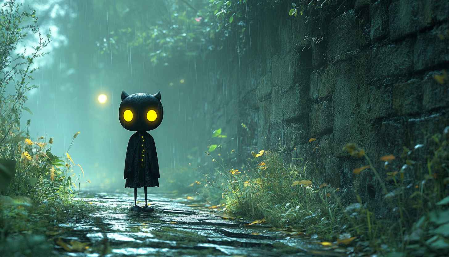 Glowing Eyes Character in Rain: Desktop Background, Mobile Wallpaper