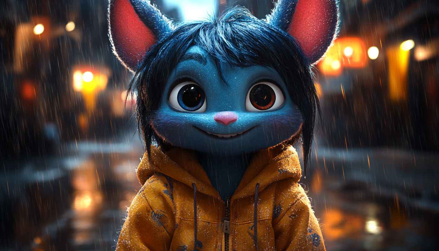 Cute Cartoon Cat Character Rainy Night Street 4K Wallpaper