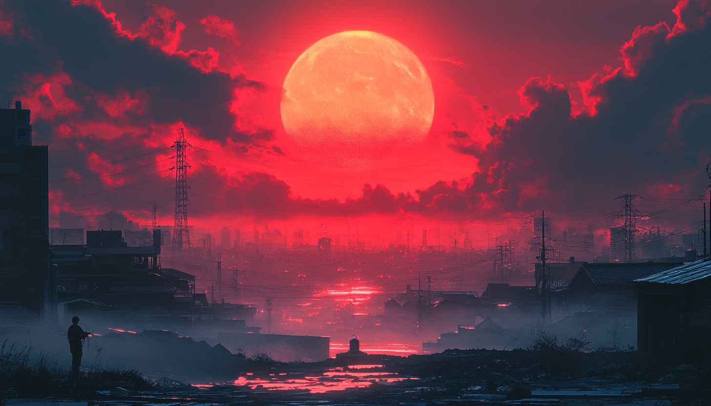 Apocalyptic Cityscape Red Moon 4K Desktop Wallpaper Free Background