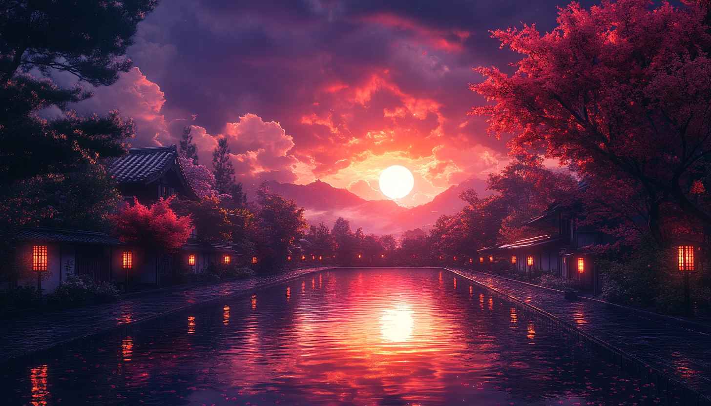 Japanese Village Sunset Scenery Wallpaper, Red Sky Reflection 4K Background
